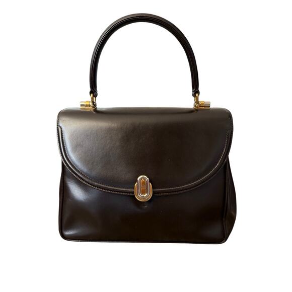 Gucci Brown Leather Flap Handbag Interlocking G Logo Vintage Bag Top Handle - Picture 1 of 9